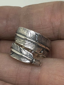 925 Sterling Silver Leaf Feather Wrap Around Resizable Ring