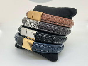 Mens Leather Wristband Bracelet Stainless Steel Clasp & White Stitching Detail