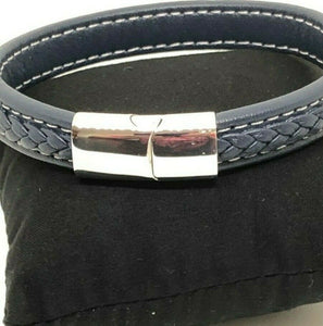 Mens Leather Wristband Bracelet Stainless Steel Clasp & White Stitching Detail