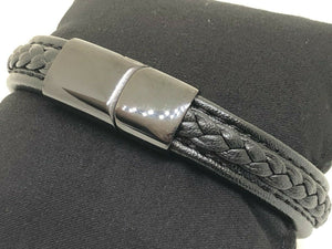 Mens or Ladies Chunky Thick Genuine Flat Leather Braided Wristband Bracelet Stainless Steel Clasp