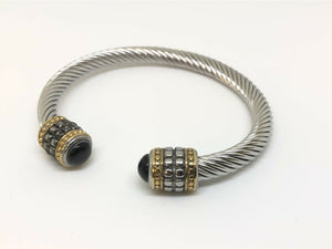 Mens Or Ladies Twisted Stainless Steel Cable Bracelet Bangle With Black Stone