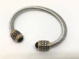 Mens Or Ladies Twisted Stainless Steel Cable Bracelet Bangle With Black Stone