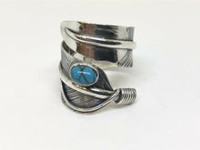 Load image into Gallery viewer, Hallmarked 925 Sterling Silver Wide Sizeable  feather Leaf Ring With Turquoise Coloured Stone