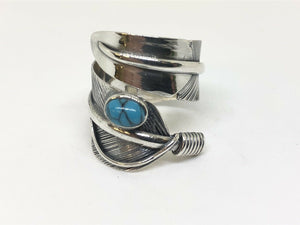 Hallmarked 925 Sterling Silver Wide Sizeable  feather Leaf Ring With Turquoise Coloured Stone