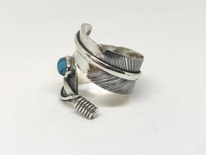 Hallmarked 925 Sterling Silver Wide Sizeable  feather Leaf Ring With Turquoise Coloured Stone