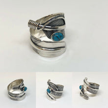 Load image into Gallery viewer, Hallmarked 925 Sterling Silver Wide Sizeable  feather Leaf Ring With Turquoise Coloured Stone