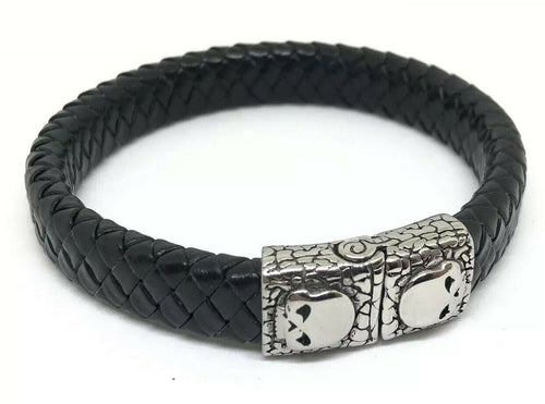 Mens or Ladies Leather Wristband Bracelet Bangle Cuff Stainless Steel Skull Clasp