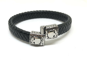 Mens or Ladies Leather Wristband Bracelet Bangle Cuff Stainless Steel Skull Clasp