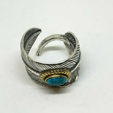 Load image into Gallery viewer, Hallmarked 925 Silver Large Vintage Feather Resizeable Ring With Aqua Stone