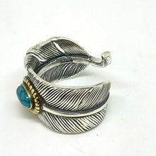 Load image into Gallery viewer, Hallmarked 925 Silver Large Vintage Feather Resizeable Ring With Aqua Stone