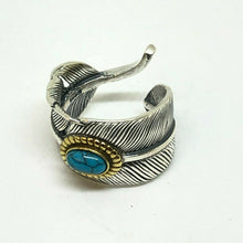 Load image into Gallery viewer, Hallmarked 925 Silver Large Vintage Feather Resizeable Ring With Aqua Stone