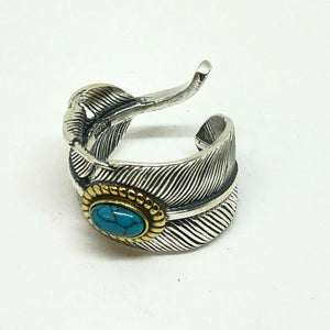 Hallmarked 925 Silver Large Vintage Feather Resizeable Ring With Aqua Stone