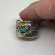 Load image into Gallery viewer, Hallmarked 925 Silver Large Vintage Feather Resizeable Ring With Aqua Stone