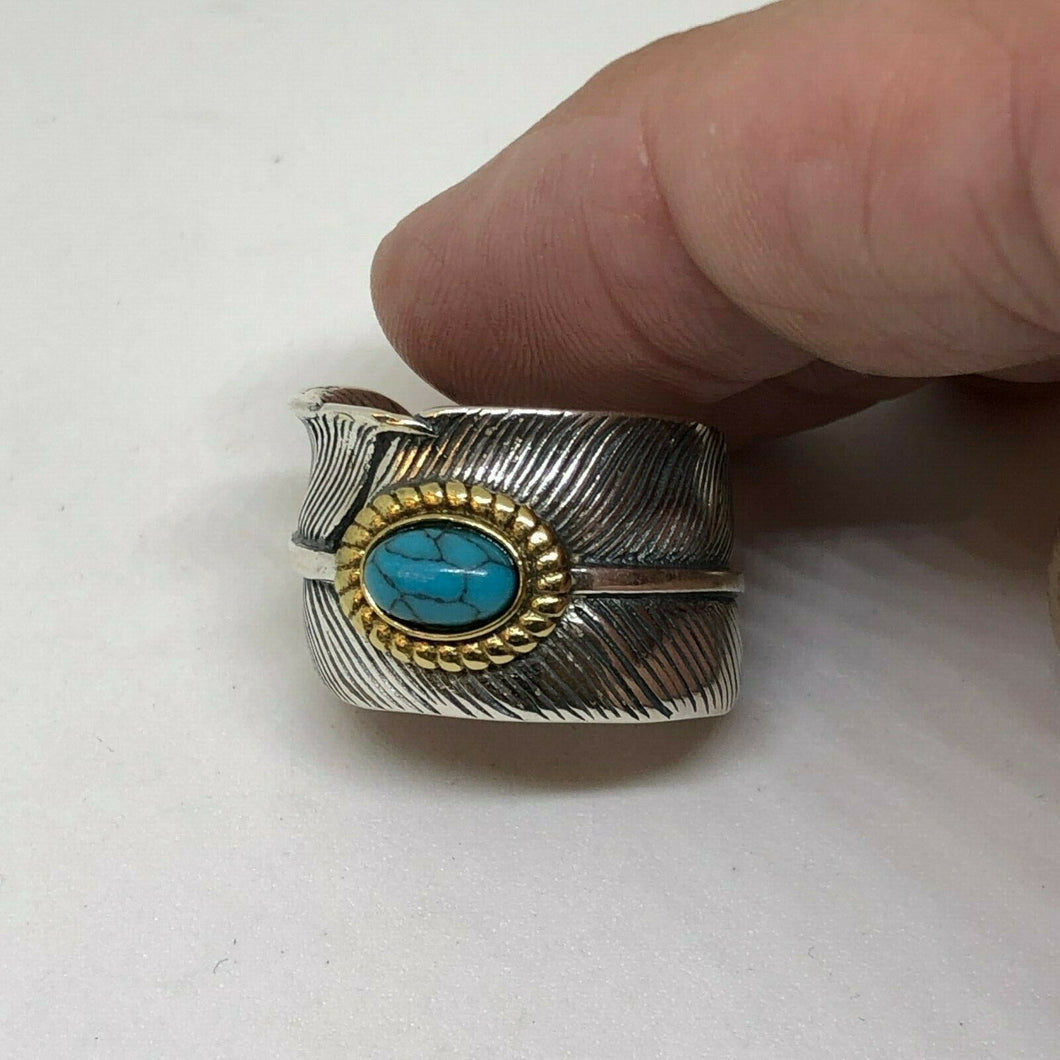 Hallmarked 925 Silver Large Vintage Feather Resizeable Ring With Aqua Stone