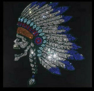 X Large Indian Skull Hot Fix Rhinestone Motif Iron-On Patch Transfer