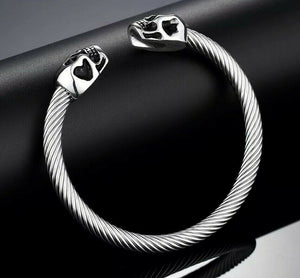 Mens or Ladies Stainless Steel Braided Adjustable Skull End Cuff Bangle Bracelet In Silver or Black