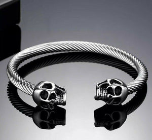 Mens or Ladies Stainless Steel Braided Adjustable Skull End Cuff Bangle Bracelet In Silver or Black