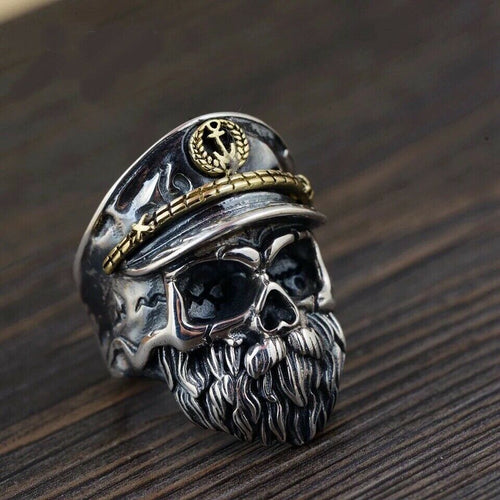 Hallmarked Sterling Silver 925 Bearded Captain Skull Ring