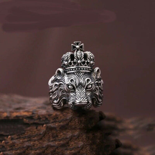 Hallmarked Mens Heavy Lion King Ring  925 Sterling Silver Biker Ring