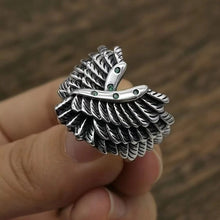 Load image into Gallery viewer, 925 Hallmarked Sterling Silver Adjustable Feather Wing Ring Black