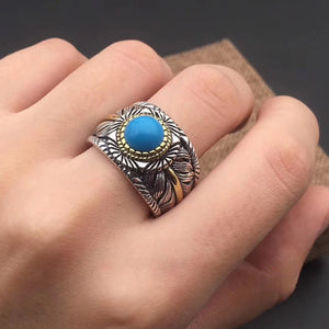 925 Hallmarked Sterling Silver Aqua Blue Stone Feather Ring