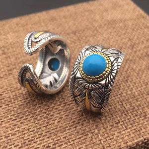 925 Hallmarked Sterling Silver Aqua Blue Stone Feather Ring