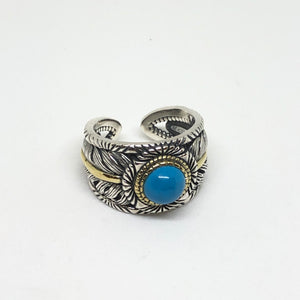 925 Hallmarked Sterling Silver Aqua Blue Stone Feather Ring