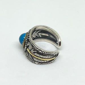 925 Hallmarked Sterling Silver Aqua Blue Stone Feather Ring