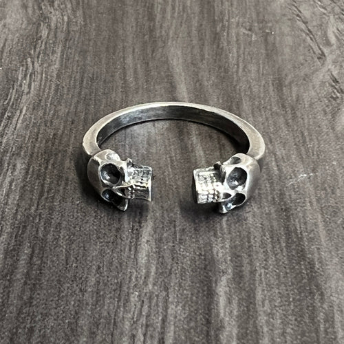 925 Sterling Silver Resizable Double Skull Ring Biker