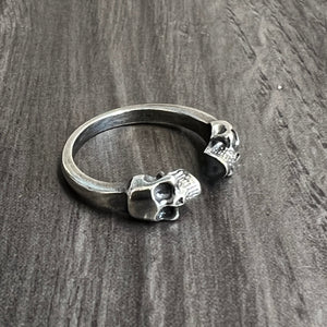 925 Sterling Silver Resizable Double Skull Ring Biker