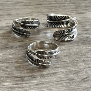 Sterling Silver 925 Feather Vintage Style Adjustable Rings