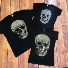 Load image into Gallery viewer, Black T-Shirt with Large Gold and Black  Rhinestone Skull