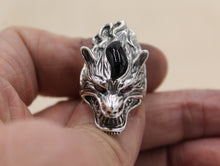 Load image into Gallery viewer, Solid 925 Hallmarked Sterling Silver Large Wolf Head Ring With Red CZ Eyes