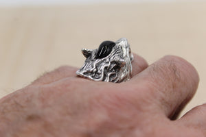 Solid 925 Hallmarked Sterling Silver Large Wolf Head Ring With Red CZ Eyes