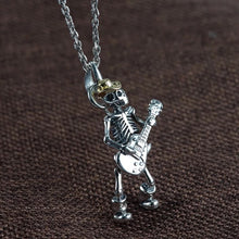 Load image into Gallery viewer, 925 Hallmarked  Sterling Silver Skull Skeleton With Guitar Pendant Necklace