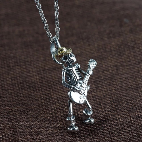 925 Hallmarked  Sterling Silver Skull Skeleton With Guitar Pendant Necklace