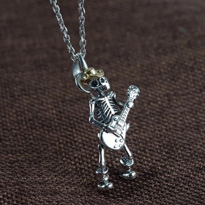 925 Hallmarked  Sterling Silver Skull Skeleton With Guitar Pendant Necklace