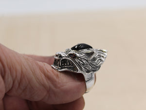 Solid 925 Hallmarked Sterling Silver Large Wolf Head Ring With Red CZ Eyes