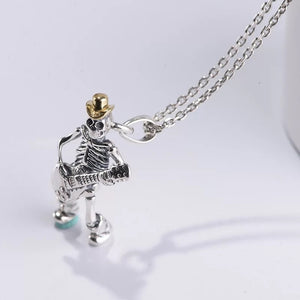 925 Hallmarked  Sterling Silver Skull Skeleton With Guitar Pendant Necklace