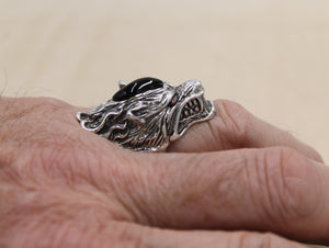 Solid 925 Hallmarked Sterling Silver Large Wolf Head Ring With Red CZ Eyes