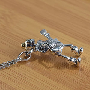 925 Hallmarked  Sterling Silver Skull Skeleton With Guitar Pendant Necklace