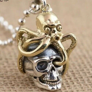 925 Hallmarked Sterling Silver Skull & Gold Colour Octopus Head Pendant