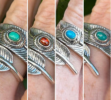 Load image into Gallery viewer, Hallmarked 925 Silver Feather leaf Ring with Red, Blue or Turquoise stone