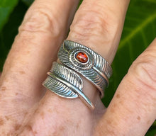 Load image into Gallery viewer, Hallmarked 925 Silver Feather leaf Ring with Red, Blue or Turquoise stone