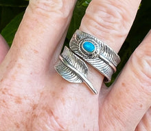 Load image into Gallery viewer, Hallmarked 925 Silver Feather leaf Ring with Red, Blue or Turquoise stone