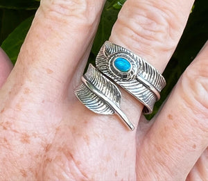 Hallmarked 925 Silver Feather leaf Ring with Red, Blue or Turquoise stone