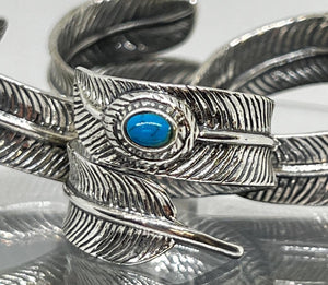 Hallmarked 925 Silver Feather leaf Ring with Red, Blue or Turquoise stone