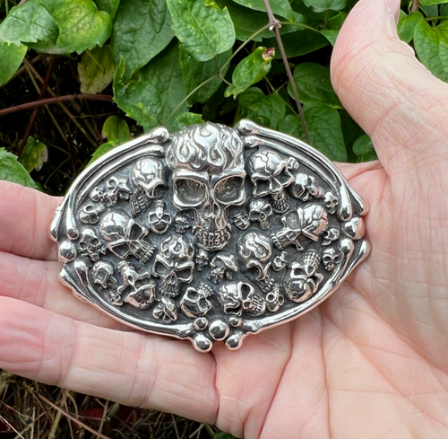 925 Sterling Silver Skulls Buckle Mens Biker Rocker Punk Belt Buckle