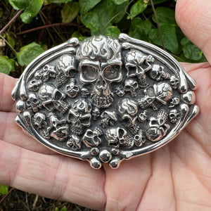 925 Sterling Silver Skulls Buckle Mens Biker Rocker Punk Belt Buckle