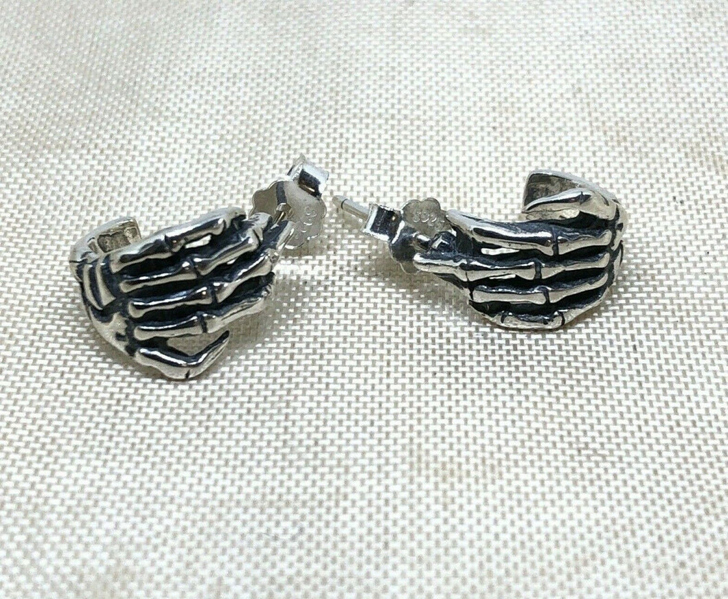 925 Sterling Silver Skull Skeleton Hand  Hoop Earrings 1 Pair